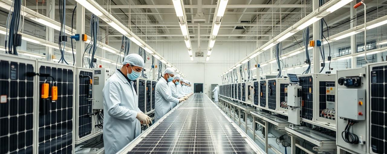 Technicians on a solar module assembly line in the planned Addis Ababa Industrial Zone facility, inspecting photovoltaic panels under cleanroom lighting