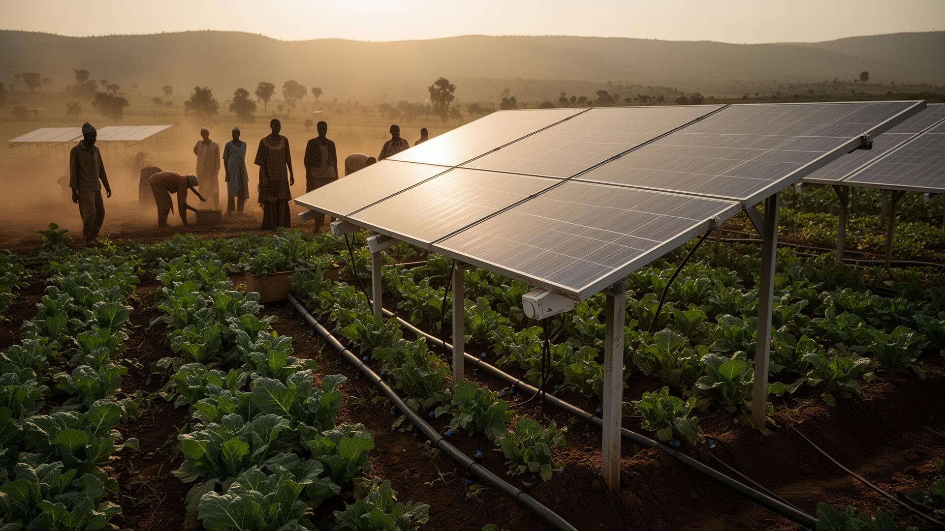 Solar-powered drip irrigation array over leafy cropland in Ethiopian highlands